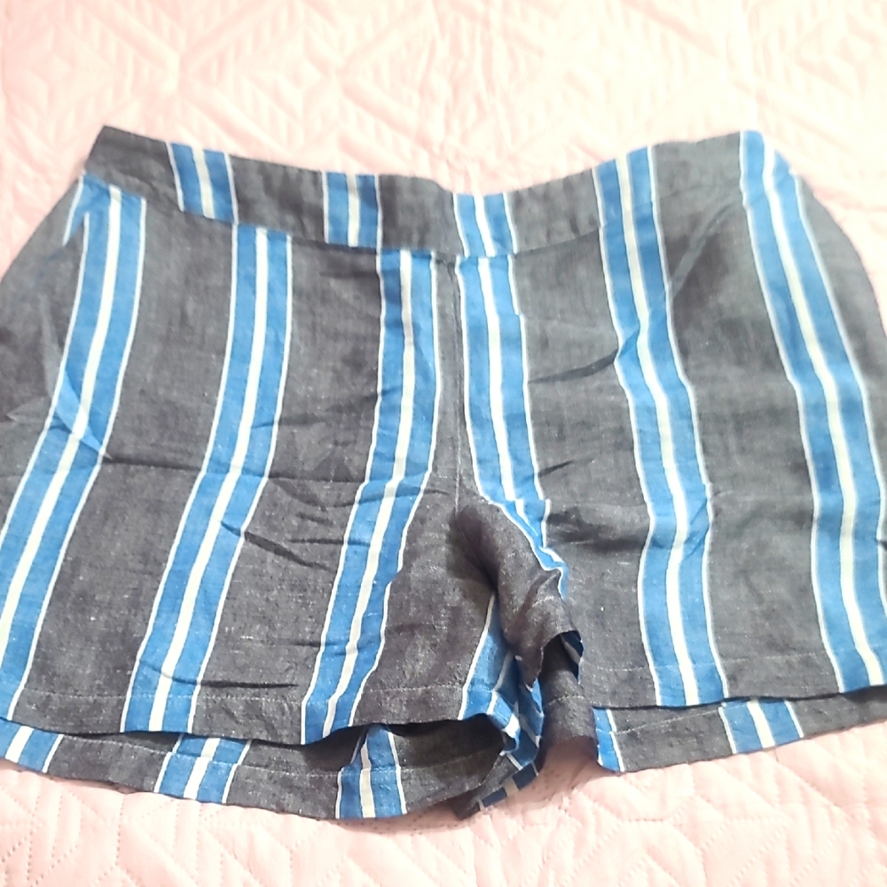 Blue and Gray Linen Striped Women's Shorts
